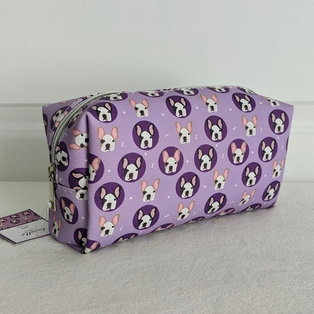 Boston Terrier Frenchie Cosmetic Bag Case Saffiano Vinyl Purple Lined NWT
